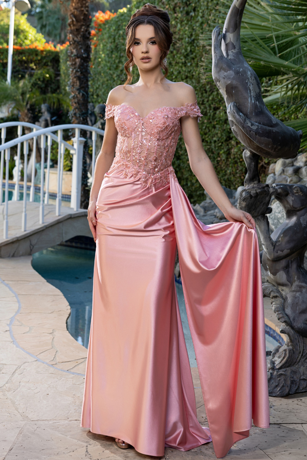 Off the Shoulder Lace Top Stretch Satin Sheath Dress